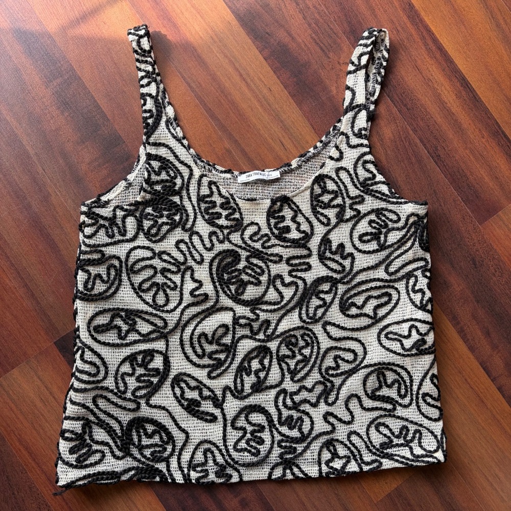 Zara Trafaluc SS18 Cream Black Mesh Rope Embroidered Knit Tank Top Medium